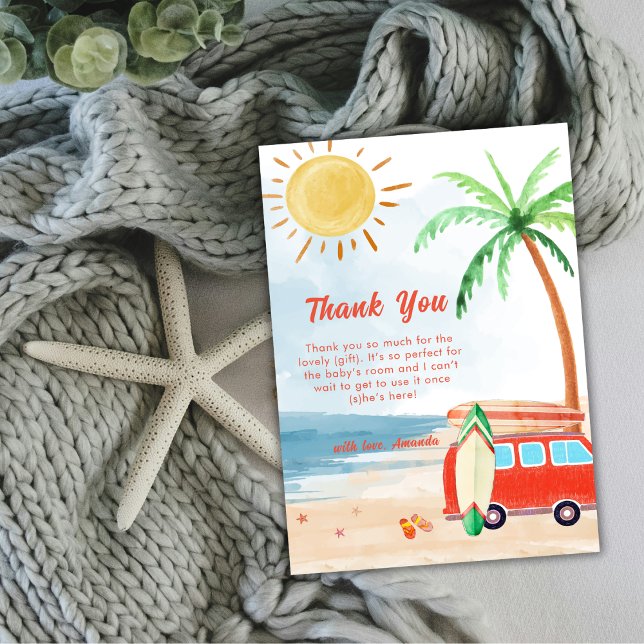 Surfa Beach Baby ombord på babyskor Tack Kort (Surf Beach Baby On Board Baby Shower Thank You Card)