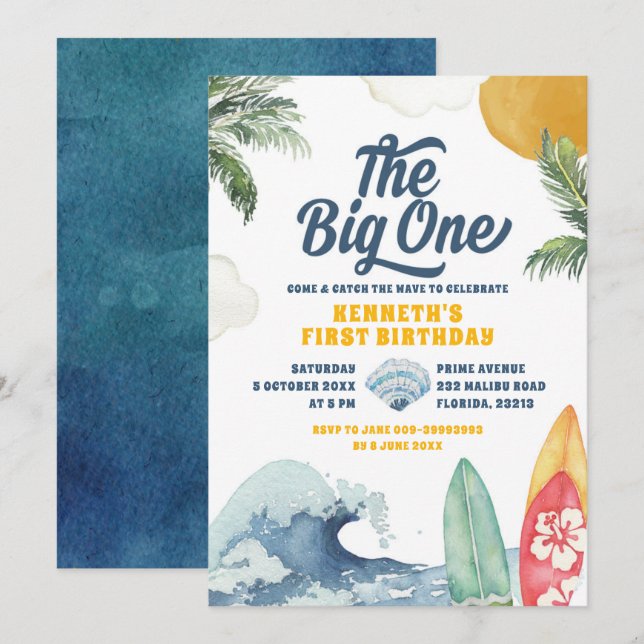 Surfa Beach Summer Big One First Birthday bjudande Inbjudningar (Fram/baksida)