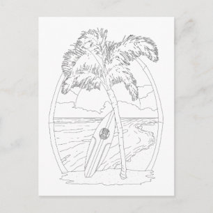 Surfa Beach Vuxen Coloring Postcard Vykort