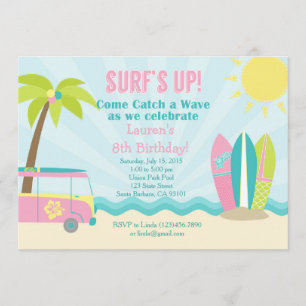 Surfa Birthday Call for Girl in Rosa! Inbjudningar