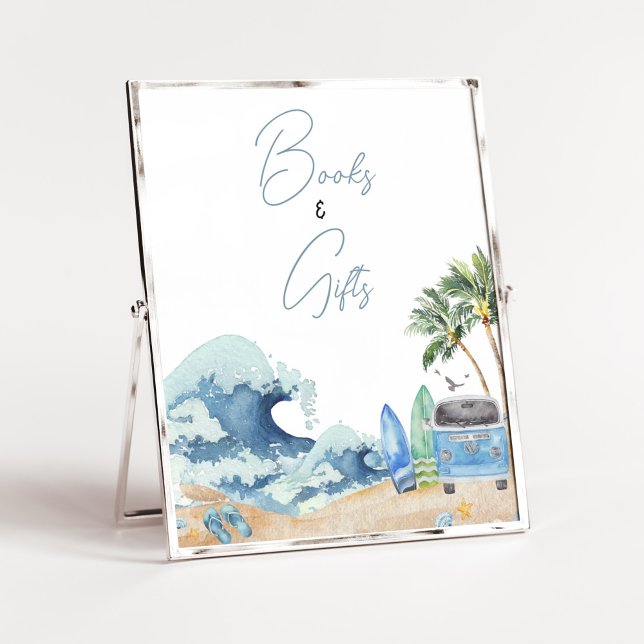 Surfa Board Beach Baby Shower Bokar och presenter Poster (Surfing Summer Baby Shower Books and Gifts Sign)