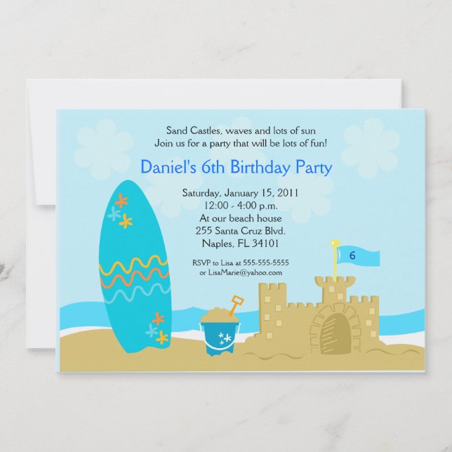 SURFA BOARD BEACH SAND CASTLE 5x7-Anpassningsbarna Inbjudningar (Framsida)