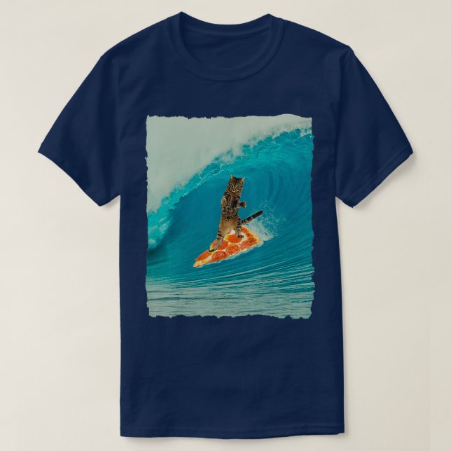 Surfa Cat Kattunge Riding a Wave med Pizza Surfa B T Shirt (Design framsida)