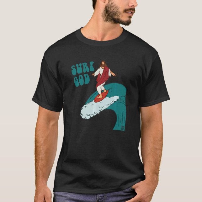 Surfa Gud Jesus Surfing Vinkar Coola Surfer T Shirt (Framsida)