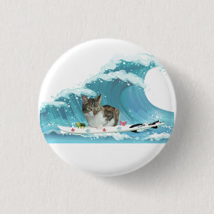 Surfa Kattunge Grått Tabby Rides the Wave Knapp