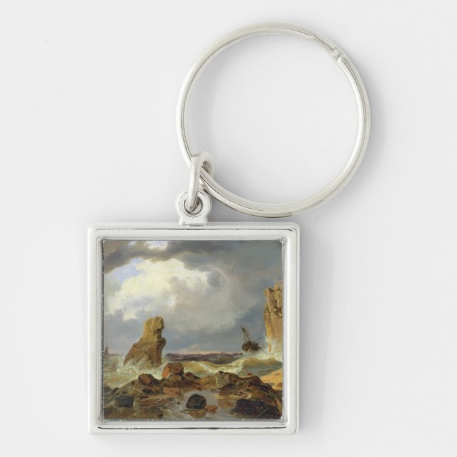 Surfa på en stenig kusten, 1835 fyrkantig silverfärgad nyckelring (Framsidan)