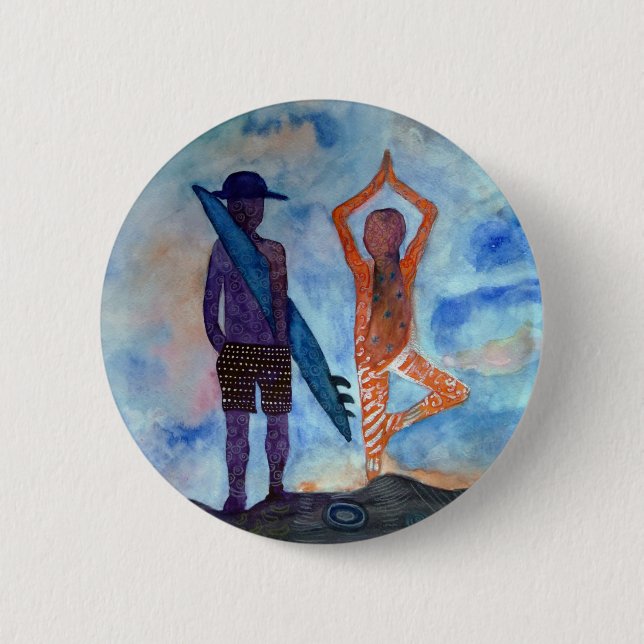 Surfa Yoga Sunset Teckning Boho Badge Knapp (Framsida)