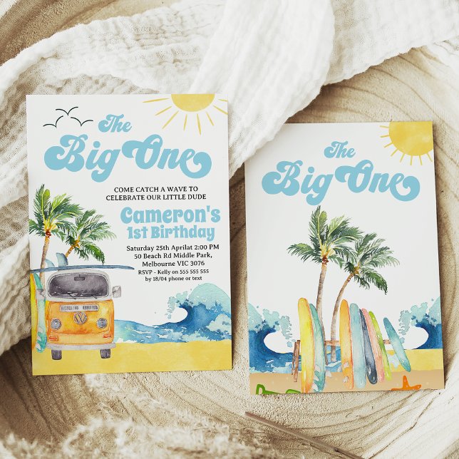Surfan Blue Retro Van Wave 1:a födelsedag Inbjudningar (Editable Boys the Big One Surfing 1st Birthday Invitation,  Retro Boy Surf Van Surfboard Beach Party)