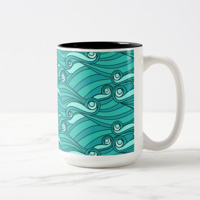 Surfan Retro blue vågar doodle Två-Tonad Mugg (Höger)
