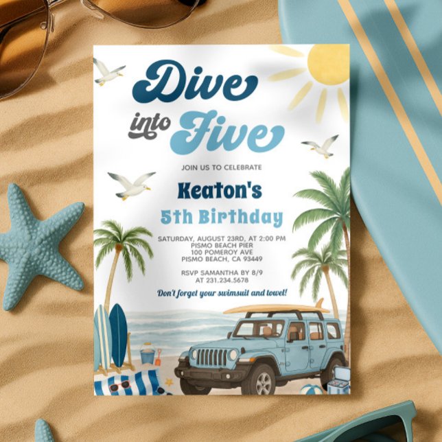 Surfande 5:e födelsedagsinbjudan - Dive till fem Inbjudningar (Surfing 5th Birthday Invitation - Dive into Five)