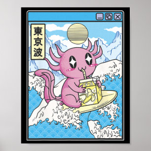 Surfande Axolotl Dricker Nana Mjölk Kawaii Anime V Poster
