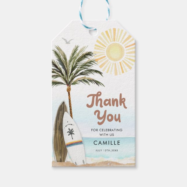 Surfande Beach Baby Shower Tack för Märkrn Presentetikett (Framsidan)
