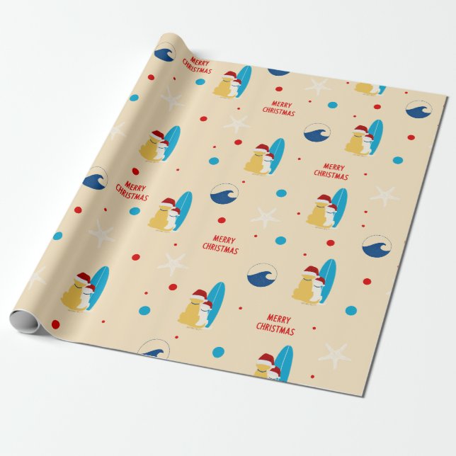 Surfande Beach Dog Jul Holiday Presentpapper (Utrullad)