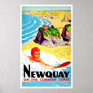 Surfande flicka på Newquay-stranden, Cornwall, vin Poster