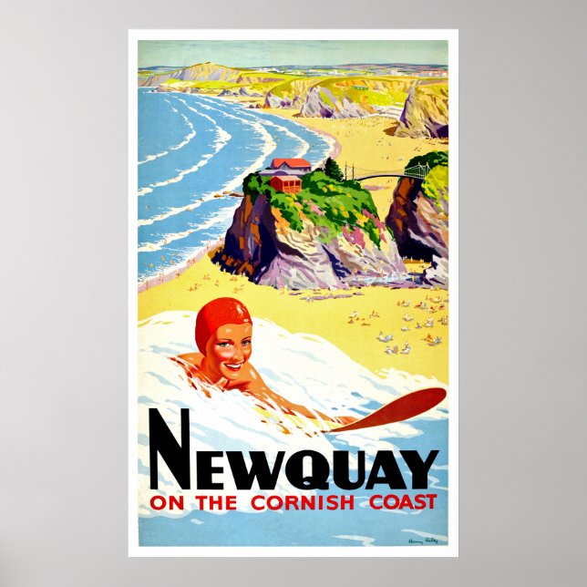 Surfande flicka på Newquay-stranden, Cornwall, vin Poster (Framsidan)