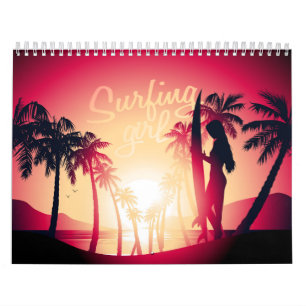 Surfande flicka vid soluppgång kalender