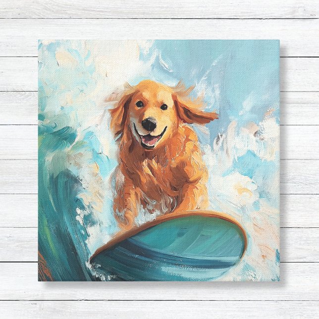 Surfande Golden Retriever Kustbarn Konst Canvastryck (Kids Coastal Decor Wall Art Canvas - Golden Retriever Dog Surfing a Blue Wave)