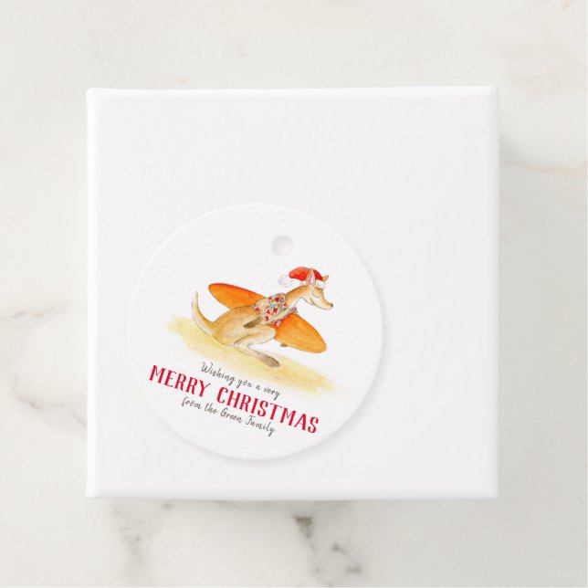 Surfande kangaroo söt vattenfärg jul gåvor etiketter (På plats)
