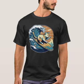 Surfande Katt Retro Vintage Solnedgång Strand Somm T Shirt