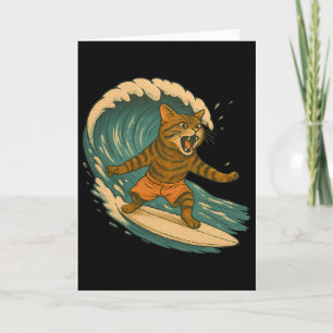Surfande katt Rolig strand Retro katt på surfbräda Kort