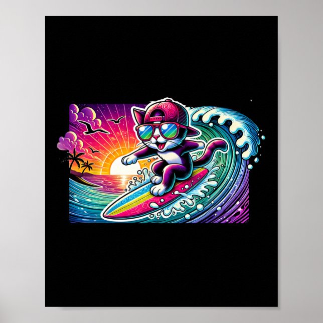 Surfande katt Surfbräda Kul Långbräda Present För  Poster (Framsidan)