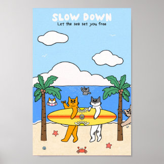 Surfande katter på stranden sommarstämning poster