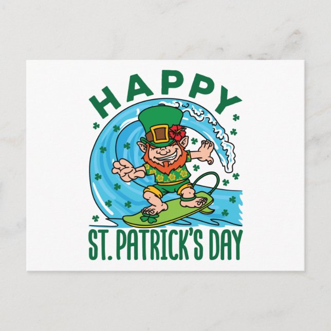 Surfande Leprechaun Hawaiianskt St Patricks Day Vykort (Framsida)