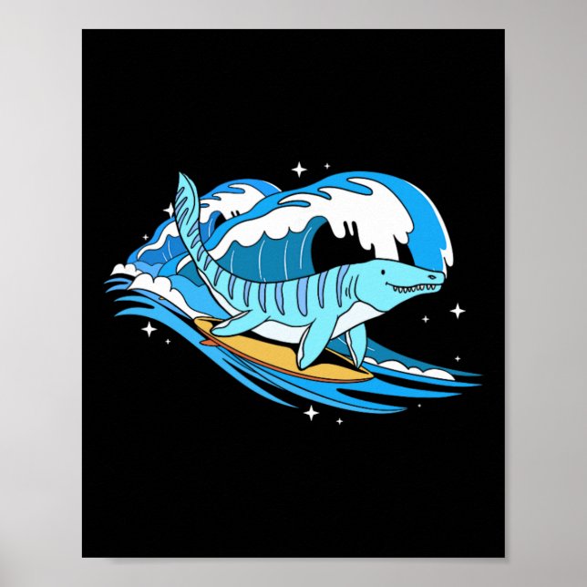 Surfande Mosasaurus Dino Rolig Akvatisk Dinosaurie Poster (Framsidan)