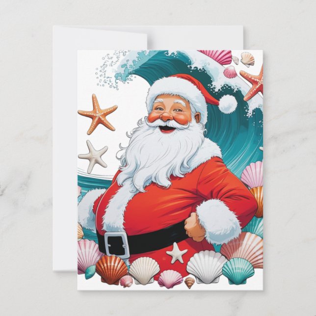 Surfande Santa Snigelskal Våg Platt Semester Jul Julkort (Framsida)
