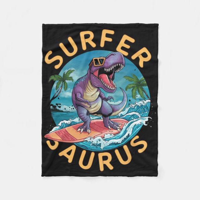 Surfande Saurus T-Rex Dinosaurier Surfing Dino Rid Fleecefilt (Framsidan)