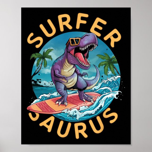 Surfande Saurus T-Rex Dinosaurier Surfing Dino Rid Poster (Framsidan)