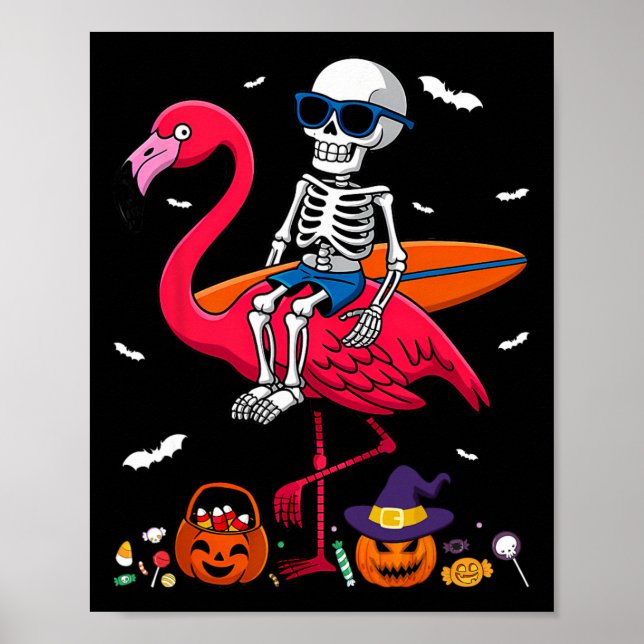 Surfande skelett ridande flamingo Halloween-surfar Poster (Framsidan)