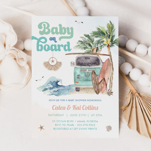 Surfande Strand Retro Baby Ombord Babyfest Inbjudningar