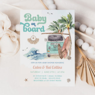 Surfande Strand Retro Baby Ombord Babyfest Inbjudningar