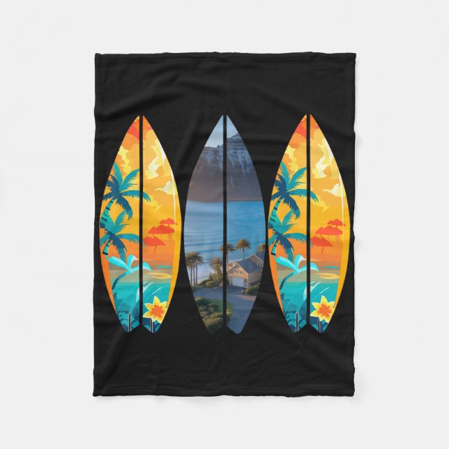 Surfande strand surfbräda retro tropisk Hawaii pal Fleecefilt (Framsidan)
