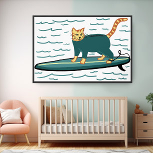 Surfande Tabby Katt Kul Cool Barnkammare Strand Poster