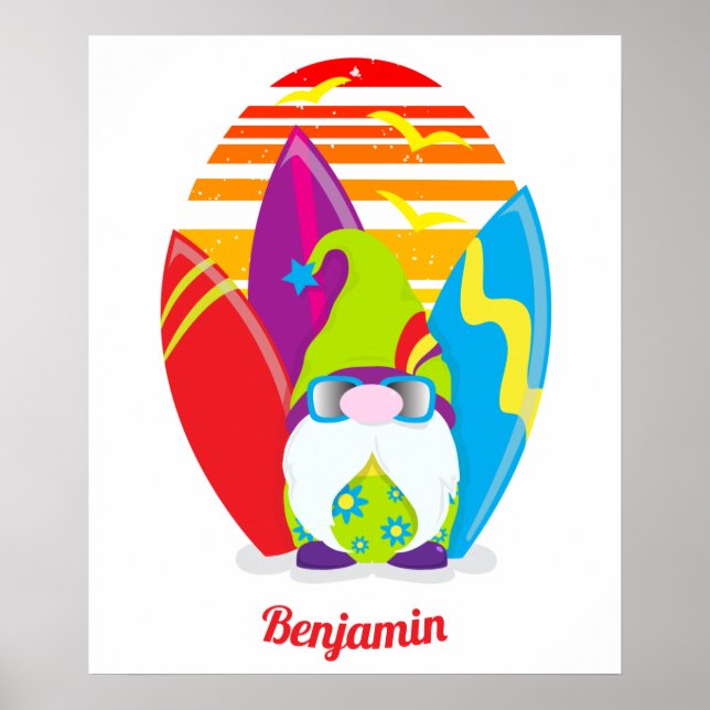 Surfande Tomte Färgrik Sommar Poster (Framsidan)