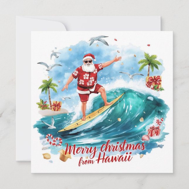 Surfande tomte i Hawaii – Tropisk jul  Julkort (Framsida)