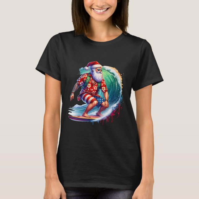 Surfande tomte jul i juli strand sommar t shirt (Framsida)