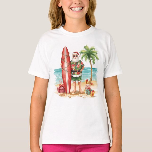 Surfande tomte på strandens julfest  t shirt (Framsida)