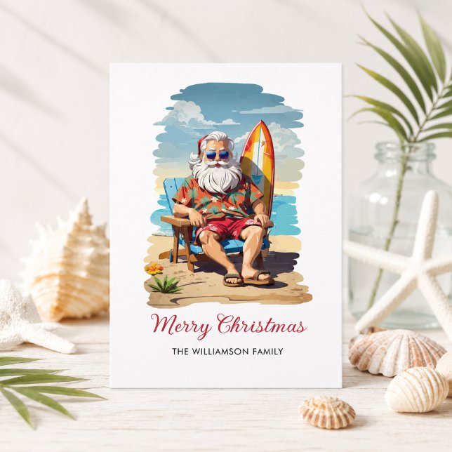 Surfande tomte strand julkort helg vykort (Add Family name to customize )