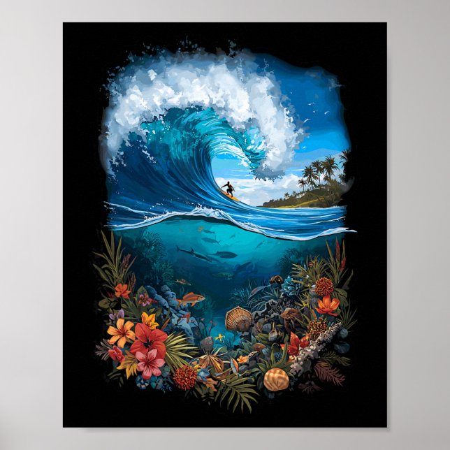 Surfande Våg Tropisk Ocean Strand Horisont  Poster (Framsidan)