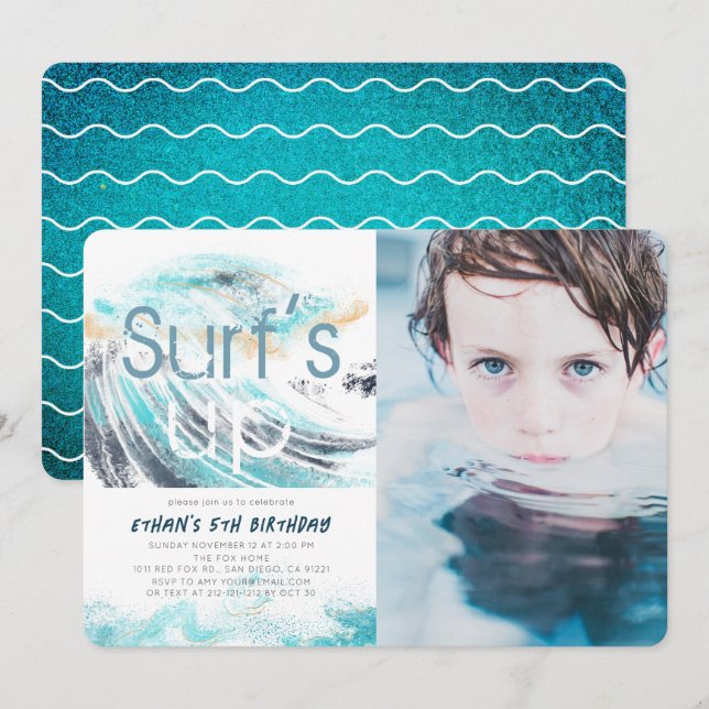 Surfans Up Blue Wave Surfing Birthday Photo Inbjudningar (Fram/baksida)