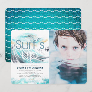 Surfans Up Blue Wave Surfing Birthday Photo Inbjudningar