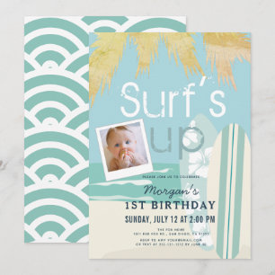 Surfans Up Boy Surfboard Beach Photo 1st Birthday Inbjudningar