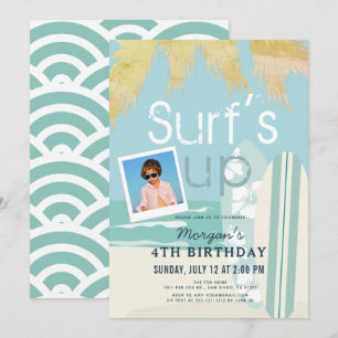 Surfans Up Boy Surfboard Beach Photo Birthday Inbjudningar