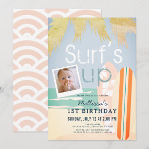 Surfans Up Girl Surfboard Beach Photo1st Birthday Inbjudningar