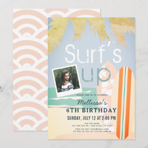 Surfans Up Girl Surfboard Beach Photo Birthday Inbjudningar