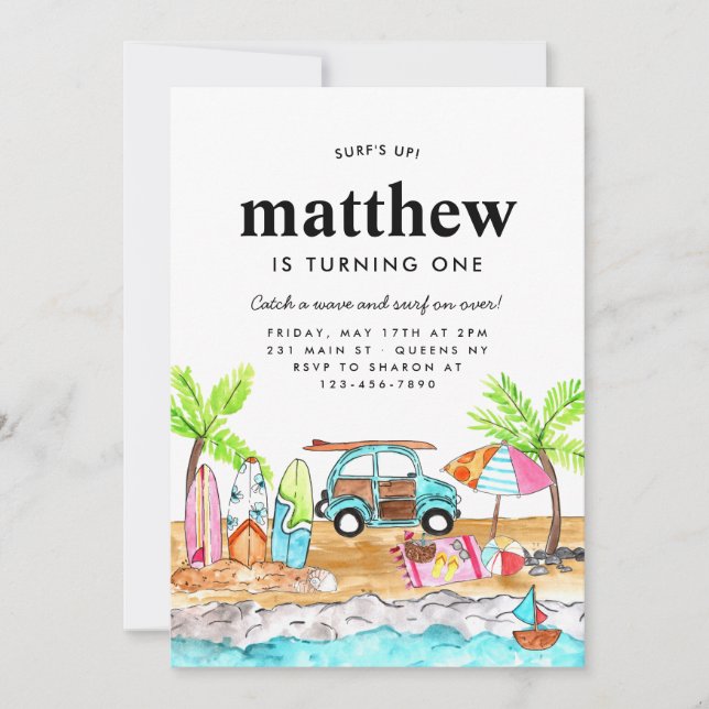 Surfans upp-board-sommarsträdbölja Surfing Birthda Inbjudningar (Framsida)