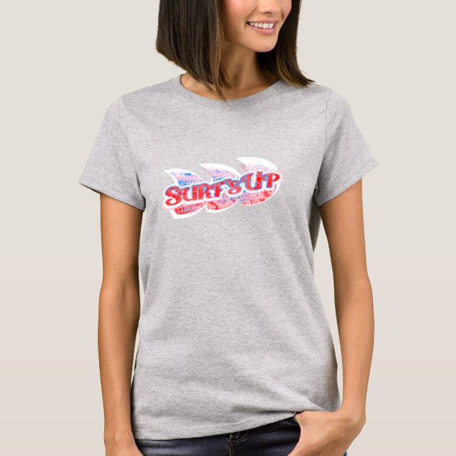 Surfans Upp-dam-röda, vita och blå vågsufatt t Shirt (Framsida)